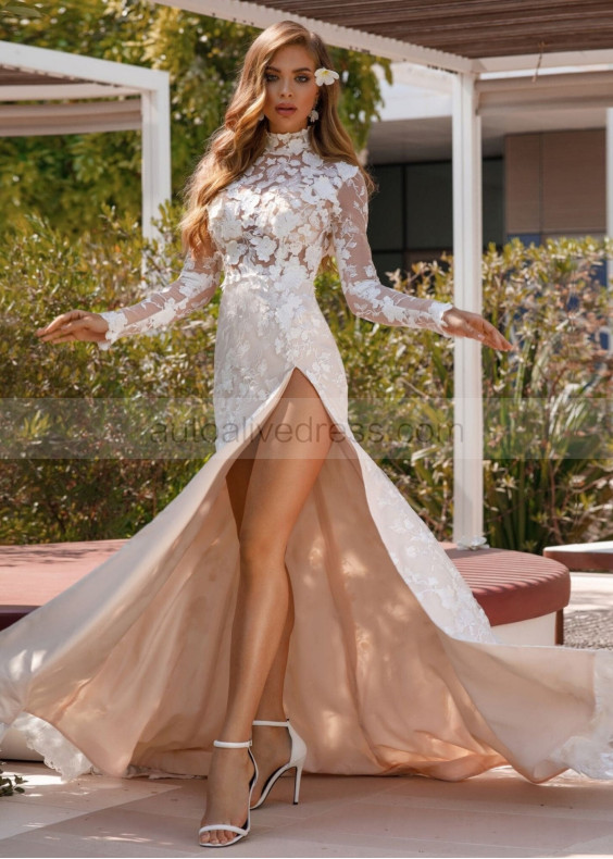 Long Sleeves Lace Tulle High Slit Sexy Wedding Dress